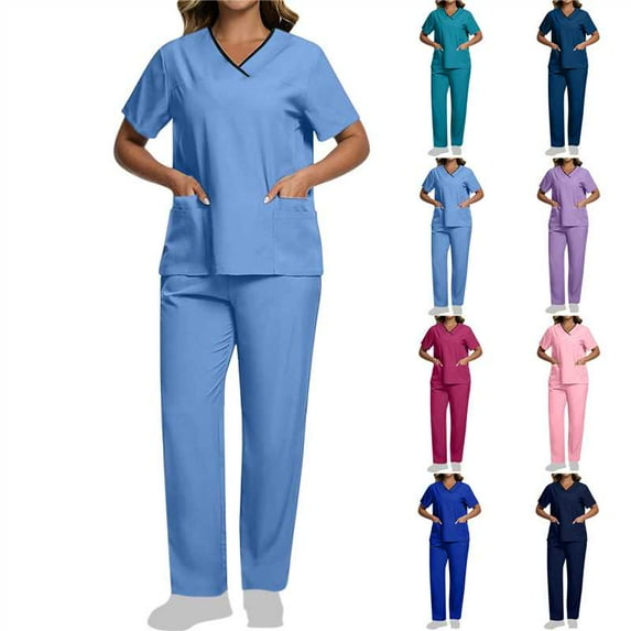 Camisas Para Hombres! QATAINLAV Scrubs for Women Set V Neck Stretch Casual Scrubs Top and Drawstring Sweat Pants with Pockets Solid Color Work Sets Pink XXL