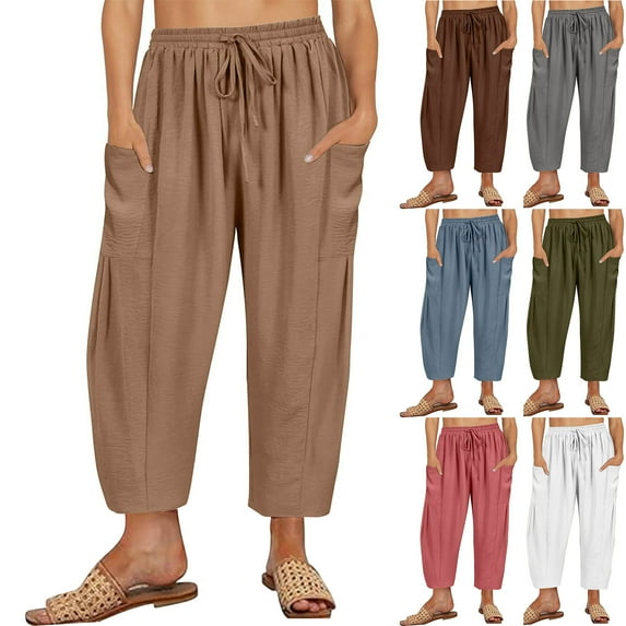 Lightning Sales Today, lcziwo Loose Fit Capris Pants for Women Summer Casual Drawstring Lantern Beach Pants Vacation Linen Cropped Trousers with Pockets Coffee M