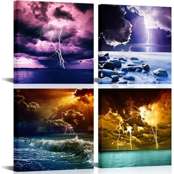 Lightning Seascape Wall Art Stormy Sea Ocean Wave Picture Prints on Canvas Nature Weather Poster Prints for Home Office Artwork Wall Decor 12x12inchx4pcs
