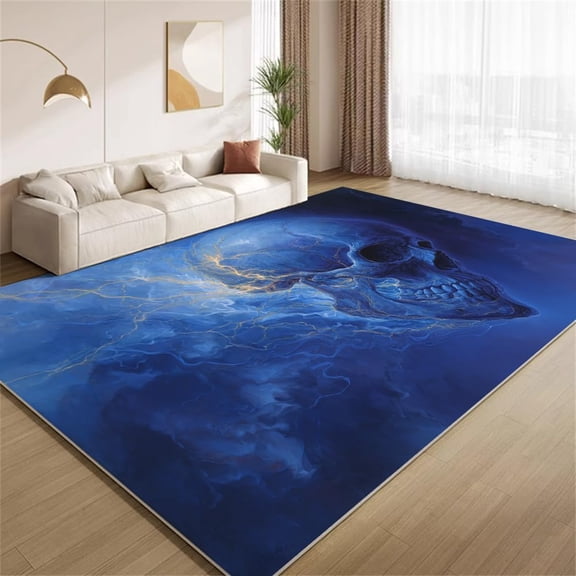 Lightning Skull Area Rugs, Gothic Blue Skull Golden Lightning Carpet, Washable Non Slip Low Pile Soft Rug for Gaming Room Bedroom Man Cave Decor Mat 3ftx5ft