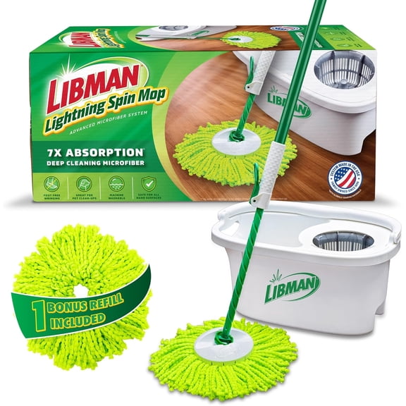 Lightning Spin Mop System Plus 1 Refill Head | and Bucket with Wringer Set Floor Mops for Cleaning Hardwood 2 Total Heads Included