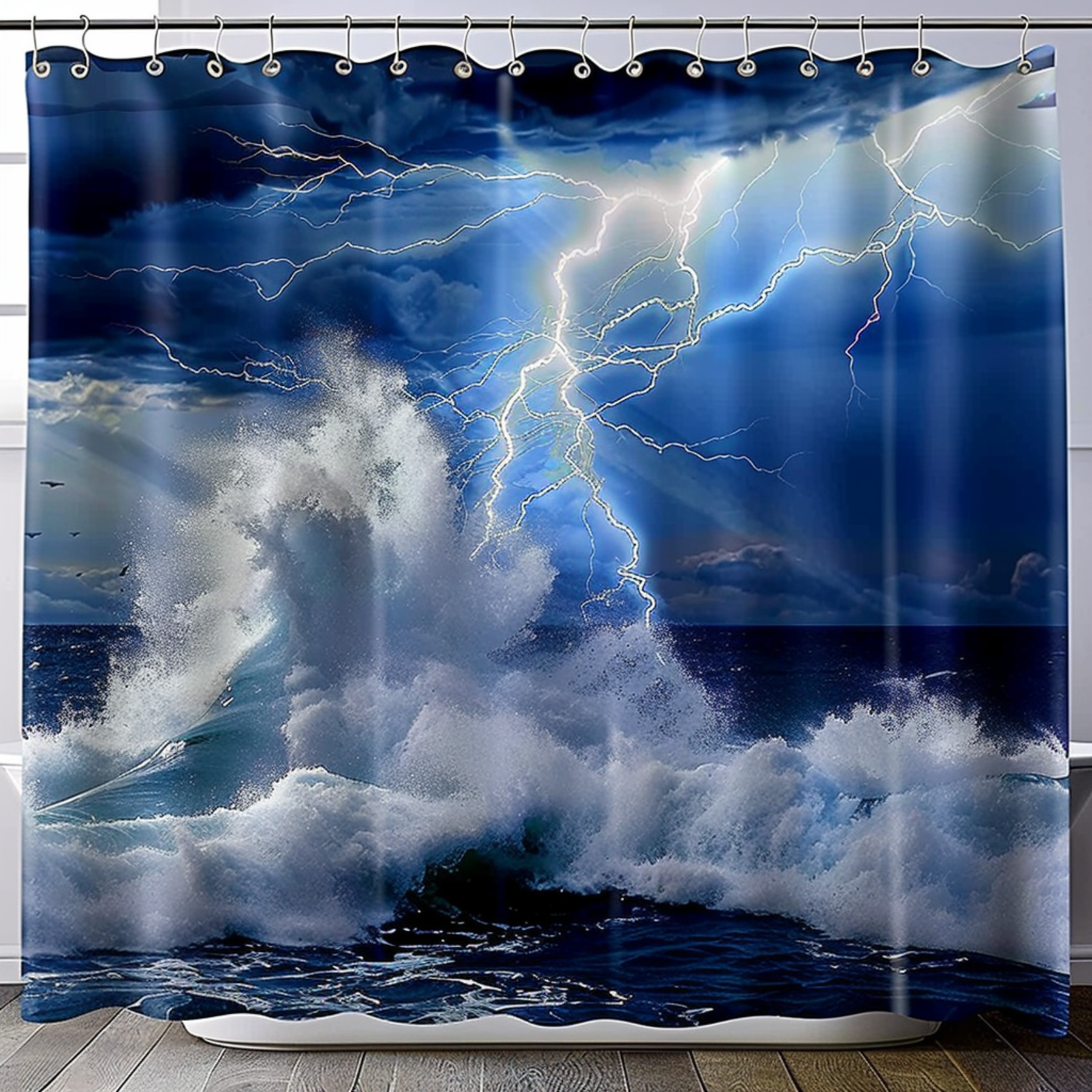 Lightning Storm Shower Curtain White Base with Dark Blue Background