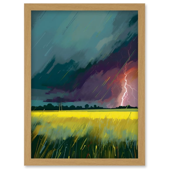 Lightning Strike Over an Open Countryside Field Artwork Framed Wall Art Print A4