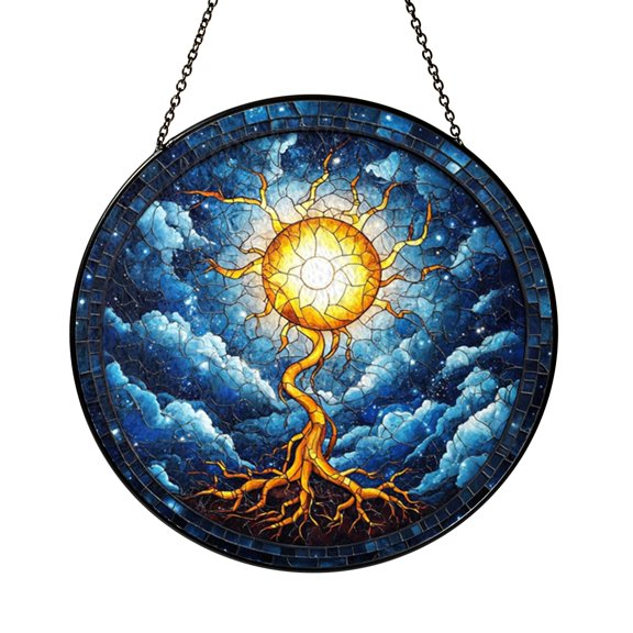 Lightning Strike Sunburst Stained Glass Suncatcher for Window Decor, Energetic Nature Scene, Unique Artistic Gift