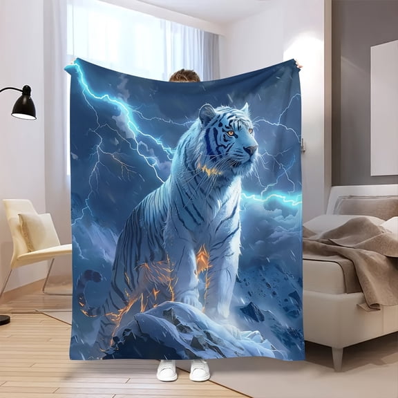 Lightning Tiger Digital Print Flannel Throw Blanket - Contemporary Style, Machine Washable, Versatile for Sofa, Bed, Office, and Camping, Animal Theme, Multi-Function, All-Season Comfort, Knitted Pol