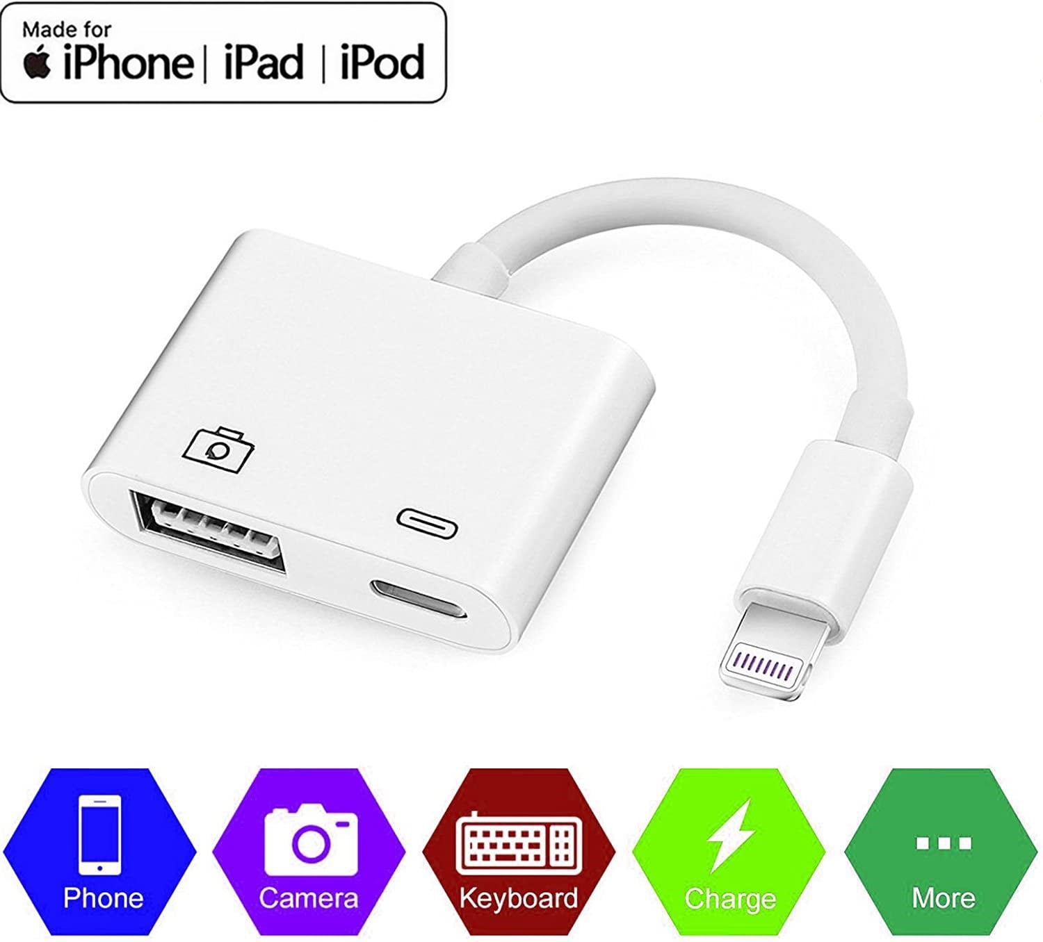 Lightning to USB Camera Adapter with Charging Port, Lightning Female USB  OTG Cable Adapter for iPhone,iPad Support Connect Camera, Card Reader, USB  Flash Drive, MIDI Keyboard, White 