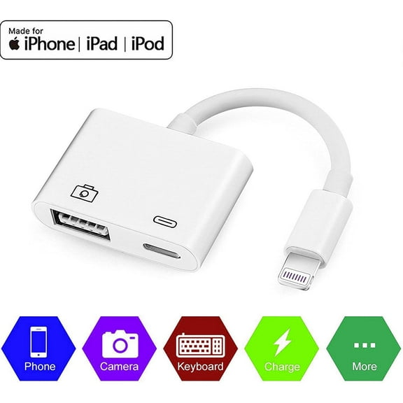 Lightning to USB Camera Adapter with Charging Port, Lightning Female USB OTG Cable Adapter for iPhone,iPad Support Connect Camera, Card Reader, USB Flash Drive, MIDI Keyboard, White