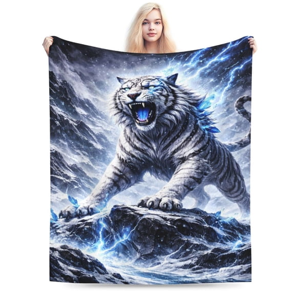Lightning White Tiger Blanket, Halloween Fantasy Wildlife Art Soft Cozy Plush Flannel Blanket for Sofa Couch Bed Living Room Decor 50x40