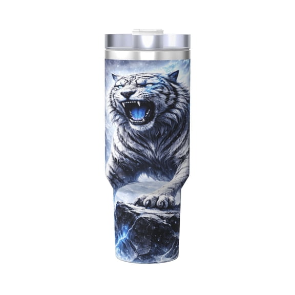 Lightning White Tiger Cup Insulated Tumbler Stainless Steel Vacuum Travel Mug 40 oz with Handle and Straw Lid