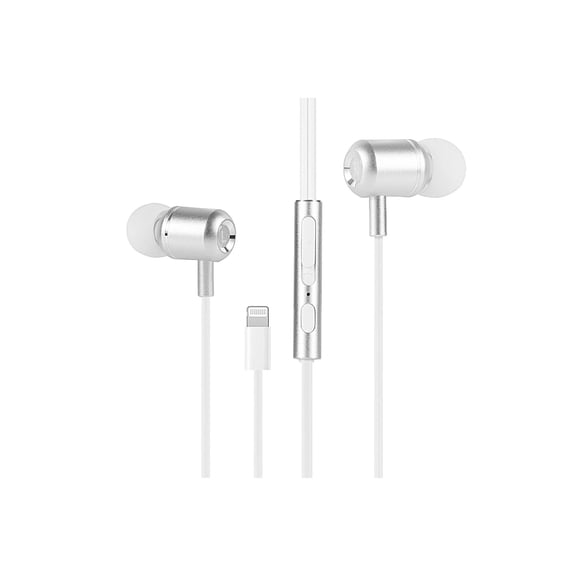 TRON Noise Isolating Wired Earbuds with Microphone and Volume Control, L Connector In-Ear Headphones with 10mm Driver, Metal Earphones for iPhone 14 13 12 11 X 8 and 7, White Wired Earphone Headset