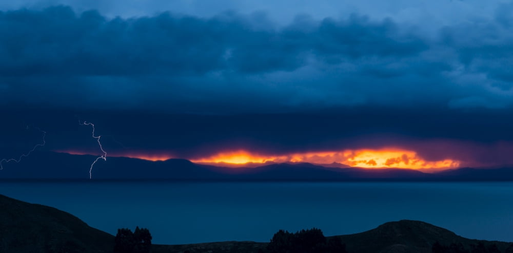 Lightning over lake Isla Del Sol Lake Titicaca Bolivia Canvas Art - Panoramic Images (36 x 12)