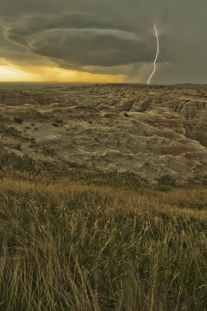 Lightning strike over badlands national park south dakota usa Canvas Art - Robert Postma Design Pics (12 x 19)