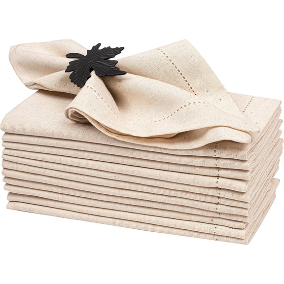 Lightnpro Flax Linen Set of 12  Hemstitched Dinner Cloth , Washable and Reusable Natural Flax for Dining, Parties, Weddings, Holiday & Everyday Use  18x18 Inch Natural Color