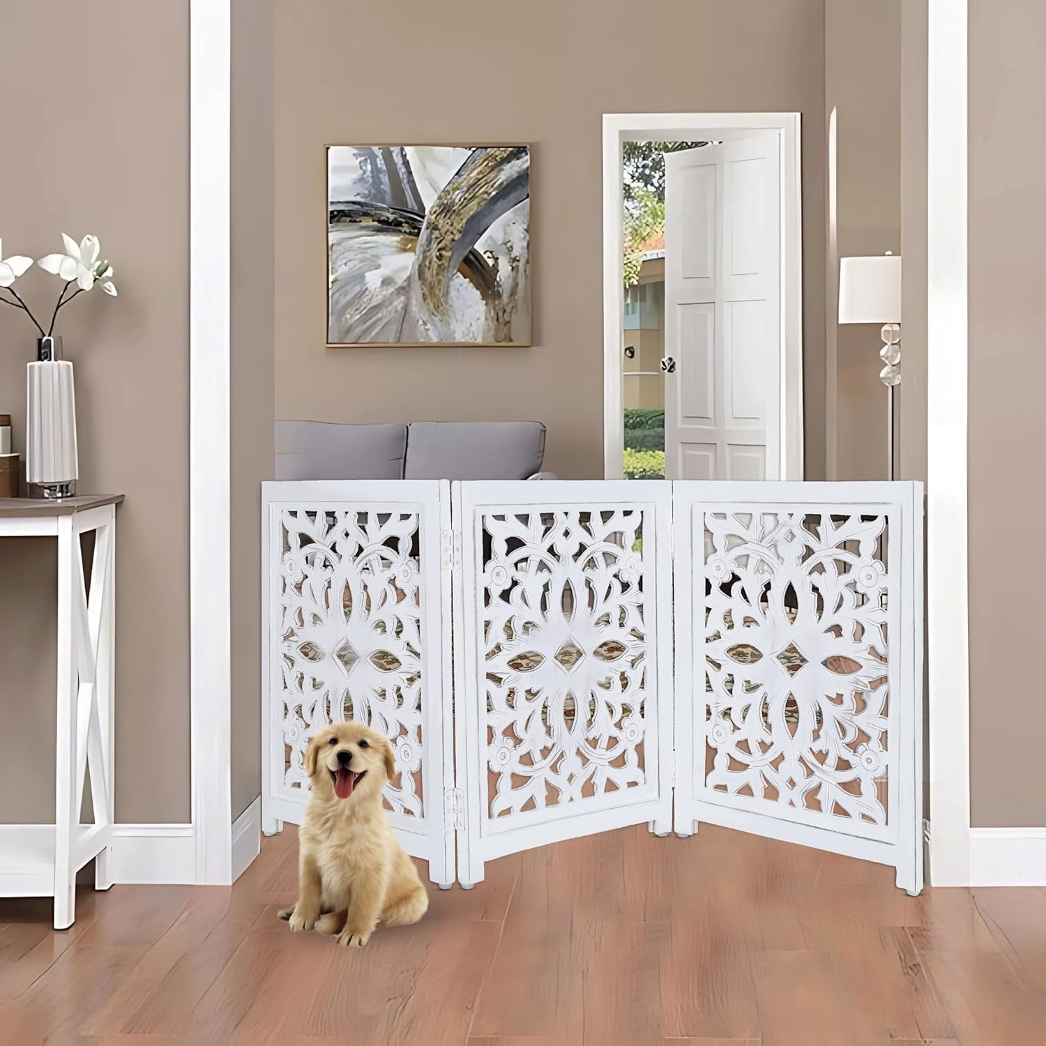 Lightnpro Foldable Carved Wooden Dog Gate - Freestanding Indoor Pet Safety Barrier, Adjustable Decorative Dog Fence for Stairs, Doorways & Hallways - 24x18 Inch Antique White