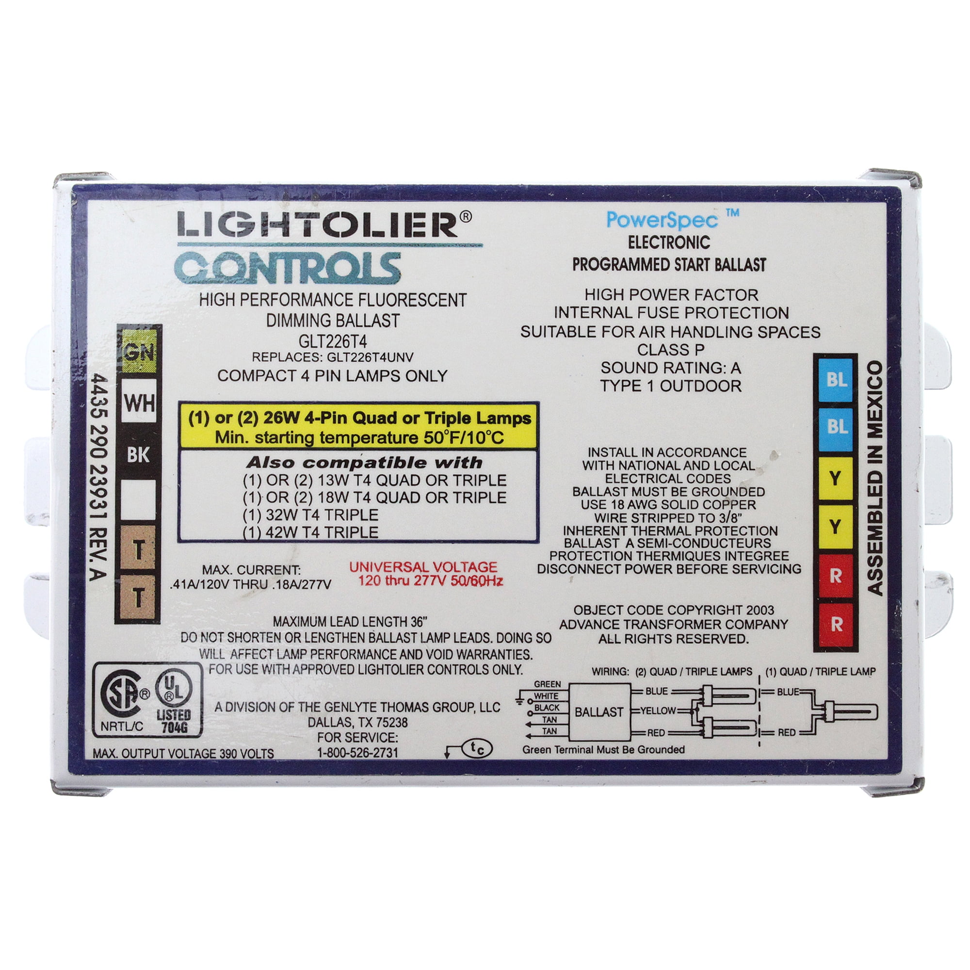 Lightolier GLT226T4 Compact Flourescent Dimming Ballast, 2 Lamp, 26W