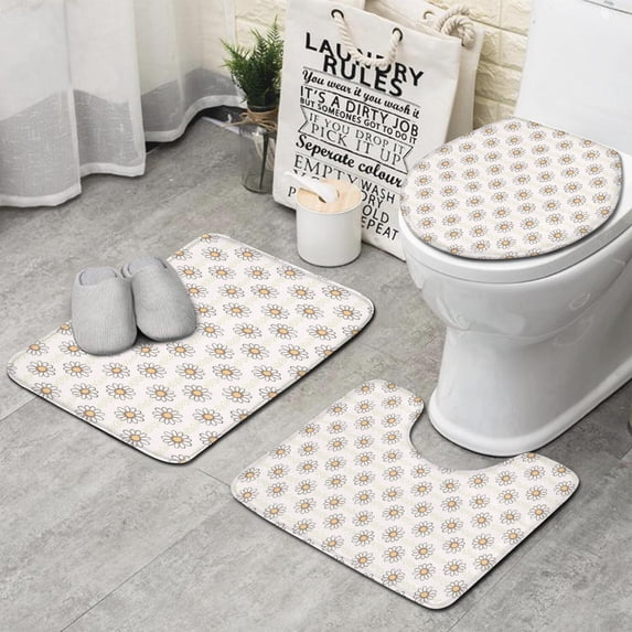 Lightpink Daisy Flower Linear Pattern Bathroom Rugs Sets 3 Piece,Toilet Cover Set,Absorbent Non Slip Bathroom Mats Sets with U-Shaped Contour Rug Toilet Rug Set