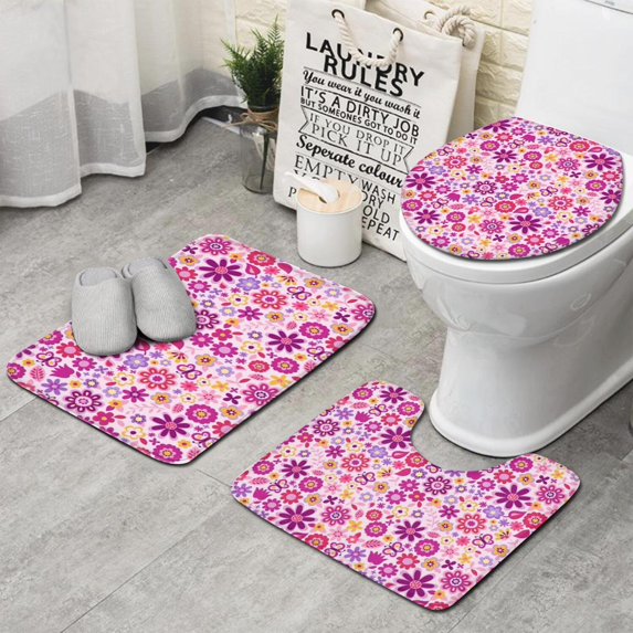 Lightpink Daisy Flower Purple Blooms Pattern Bathroom Rugs Sets 3 Piece,Toilet Cover Set,Absorbent Non Slip Bathroom Mats Sets with U-Shaped Contour Rug Toilet Rug Set