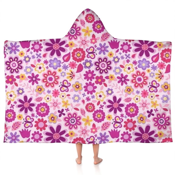 Lightpink Daisy Flower Purple Blooms Pattern Hooded Bath Towel,50"x30" for Ages 3 To 12 Kids, Quick Dry Lightweight Soft Microfiber Hood Beach Towel Cover Up for Kids