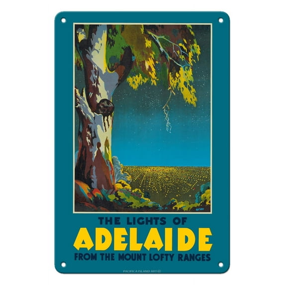 Lights of Adelaide Australia - Eucalyptus Tree - From the Mount Lofty Ranges - Vintage Travel Poster by McClean c.1930s - 8 x 12 inch Vintage Metal Tin Sign