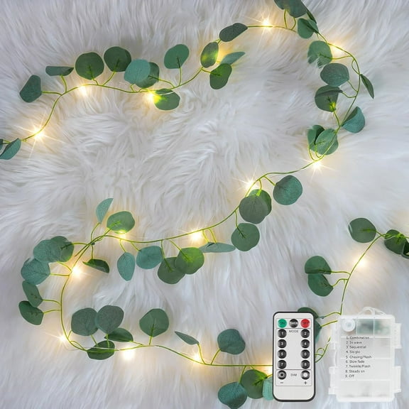 Lights Battery Operated, 33ft 100 LED Eucalyptus Garland String Lights with Remote, Leaf Lights for Bedroom, Room, Wall, Garden, Party, Wedding Decor (Warm White)