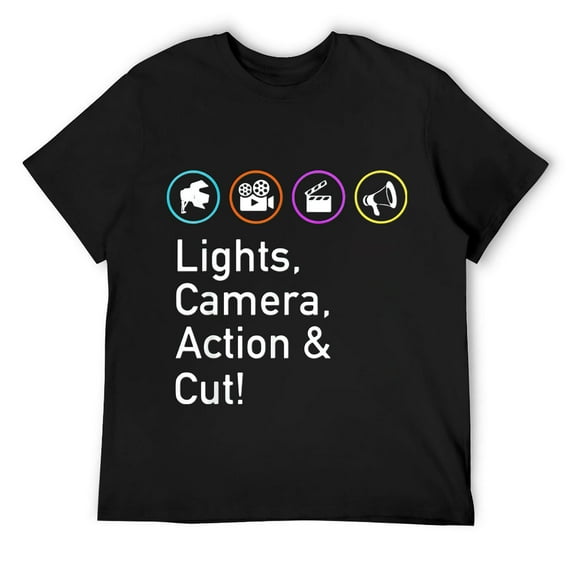 Lights Camera Action & Cut Funny Film TV Crew Director Mens T-Shirt Black L