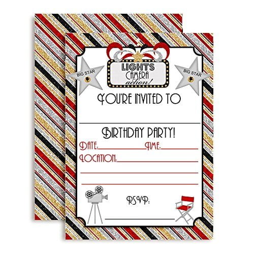 Lights, Camera, Action Movie Birthday Party Invitations
