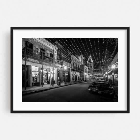 Lights on Dauphin 02 B&W - Mobile Alabama Photography Black and White Nightlife City Vintage Street Photography Architecture Car Black Framed Wall Art Print 5 x 7 inches