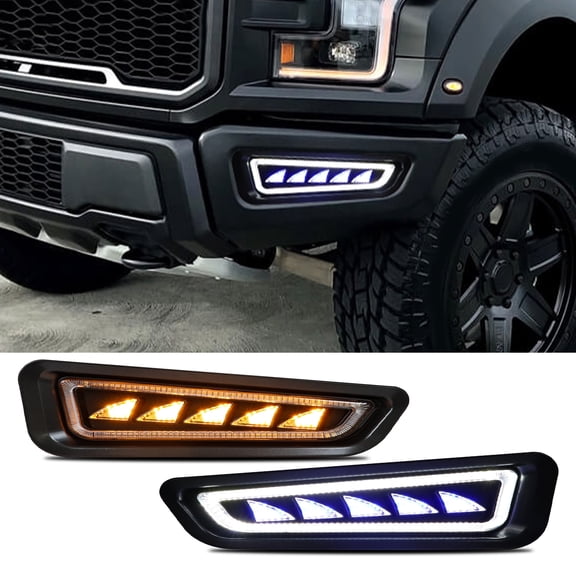 Lights LED Sequential Amber Turn Signal With Installation Accessories Compatible With for 2nd Gen Ford F-150 2017-2021 Bumper LED DRL w/Turn Signal Fog Lights Left & Right