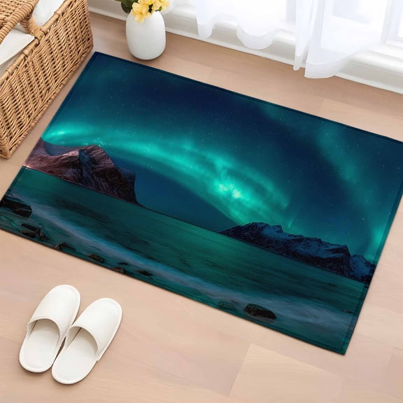 Lights Mountain 2'x3' Rug for Entryway Front Door Kitchen Sink Area, Fantasy Teal Blue Night Sky Peak Silhouette Landscape Low Pile Washable Non Slip Rectangle Area Rug