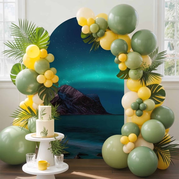 Lights Mountain Arch Backdrop Cover, 6FT, Fantasy Teal Blue Night Sky Peak Silhouette Landscape Spandex Arch Covers Double-Sided Backdrop for Wedding Birthday Party Photo Background Decoration