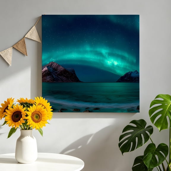 Lights Mountain Canvas Wall Art for Living Room, Fantasy Teal Blue Night Sky Peak Silhouette Landscape Poster Print Painting for Bedroom Office Home Decoration Wall Pictures Prepare To Hang 16"x16"