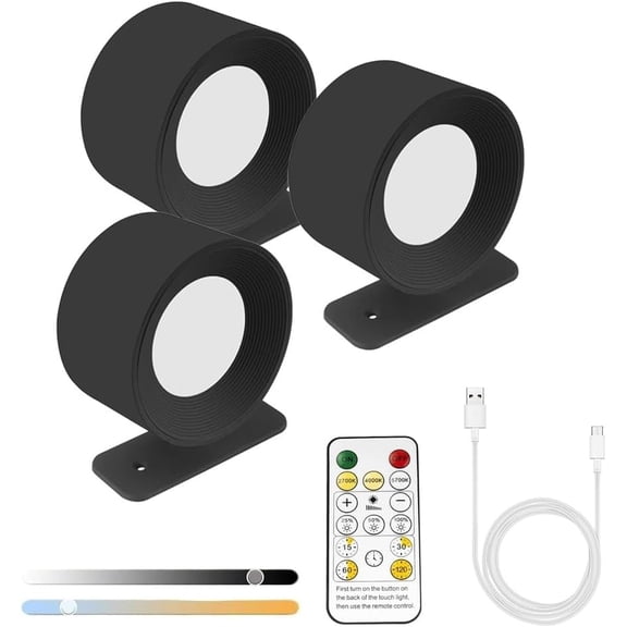 Lights of Sweden Wall Lamps, Wall Lamps for Bedroom, Battery Operated LED Sconces with 360Rotation Lighting, Wireless Light with 3 Color Modes and 3 Brightness Levels(Black-3pcs)