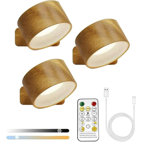 Lights of Sweden Wall Lamps, Wall Lamps for Bedroom, Battery Operated LED Sconces with 360°Rotation Lighting, Wireless Light with 3 Color Modes and 3 Brightness Levels(Natural-3pcs)