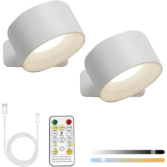 Lights of Sweden Wall Lamps, Wall Lamps for Bedroom, Battery Operated LED Sconces with 360Rotation Lighting, Wireless Light with 3 Color Modes and 3 Brightness Levels(White-2pcs)