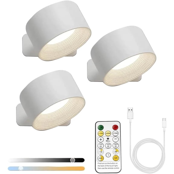 Lights of Sweden Wall Lamps, Wall Lamps for Bedroom, Battery Operated LED Sconces with 360Rotation Lighting, Wireless Light with 3 Color Modes and 3 Brightness Levels(White-3pcs)