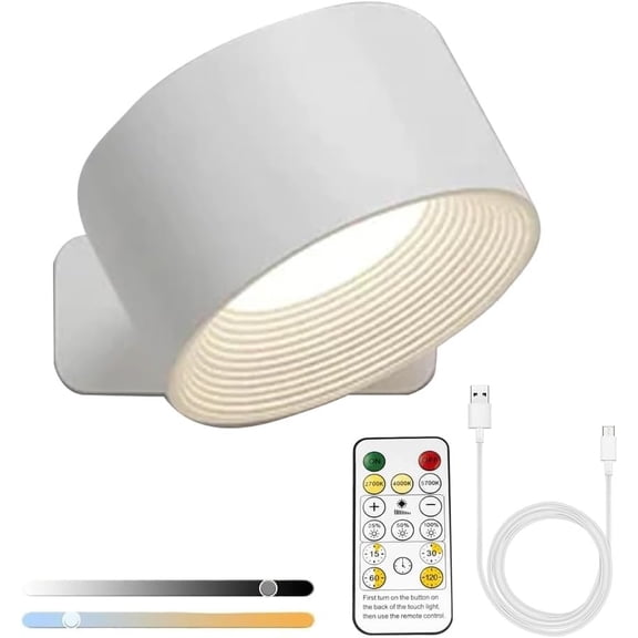 Lights of Sweden Wall Lamps, Wall Lamps for Bedroom, Battery Operated LED Sconces with 360°Rotation Lighting, Wireless Light with 3 Color Modes and 3 Brightness Levels(White-1pc)