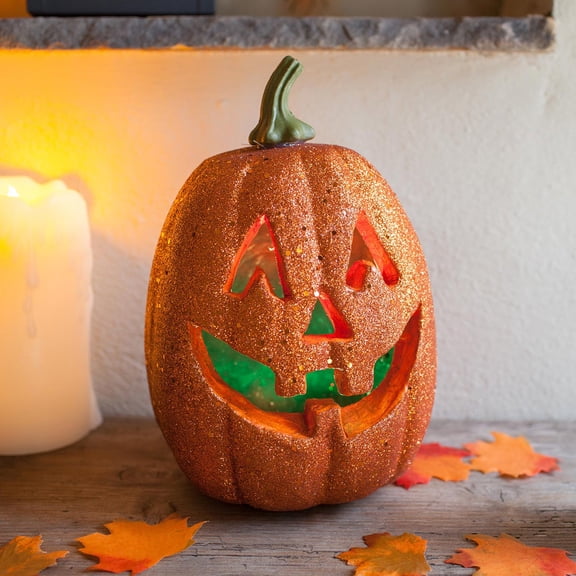 Lights4fun, Inc. 9" Halloween Glitter Pumpkin Colour Changing LED Battery Operated Light Decoration