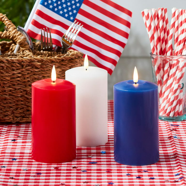 Lights4fun, Inc. Set of 3 TruGlow Patriotic Red, White & Blue Wax Flameless  LED Battery Operated Pillar Candles with Remote Control 