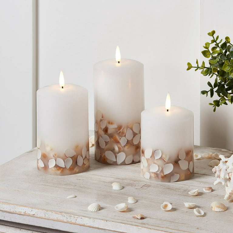 Lights4fun, Inc. Set of 3 TruGlow Seashell Ivory Wax Flameless LED Battery  Operated Pillar Candles with Remote Control