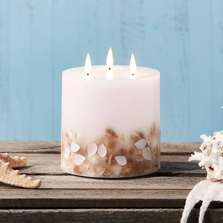 Lights4fun, Inc. TruGlow Seashell 3 Wick Ivory Wax Flameless LED Battery  Operated Pillar Candle with Remote Control 