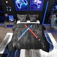 thumbnail image 1 of Lightsaber 7Pcs Comforter Set King Size 3D Neon Blue Red Bedding Set Geometric Sun Moon Round Fitted + Flat Sheet Teens Room Decor Fashion Vintage Stone Wall 2 Pillow Cover,Black, 1 of 5