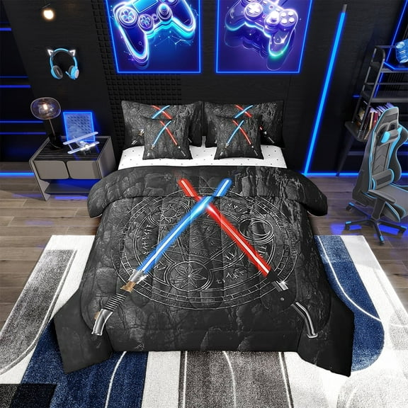 Lightsaber 7Pcs Comforter Set Twin Size 3D Neon Blue Red Bedding Set Geometric Sun Moon Round Fitted + Flat Sheet Teens Room Decor Fashion Vintage Stone Wall 2 Pillow Cover,Black