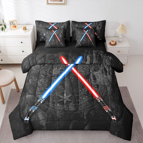 Lightsaber 7Pcs Comforter Set Twin Size 3D Neon Blue Red Bedding Set Geometric Sun Moon Round Fitted + Flat Sheet Teens Room Decor Fashion Vintage Stone Wall 2 Pillow Cover,Black