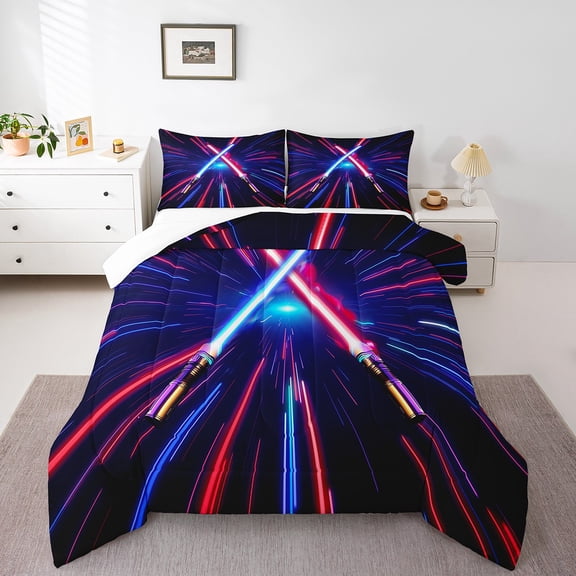 Lightsaber Comforter Set Twin Size,Geometric Lines Gradient Bedding Set Teens Room Decor,Future Technology Metaverse Quilt Set Red Blue Duvet Insert