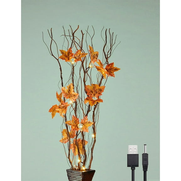 Lightshare Natural Lighted Willow Twig Branches with Maple Leaf, 36 Inches, 16 LED Lights, Brown Finish, Built-in timer, Battery Operated and Optional USB Plug-in