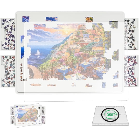 Lightweight 1000 Pieces Rotating Puzzle Board with 4 Sliding Drawers and Cover – 360° Lazy Susan Spinning, 30.2"x22.44" Portable Plastic Puzzle Table, for Mom