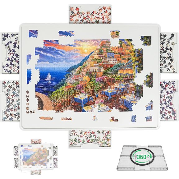 Lightweight 1000 Pieces Rotating Puzzle Board with 6 Sliding Drawers and Cover – 360° Lazy Susan Spinning, 30.2"x22.44" Portable Plastic Puzzle Table, for Mom