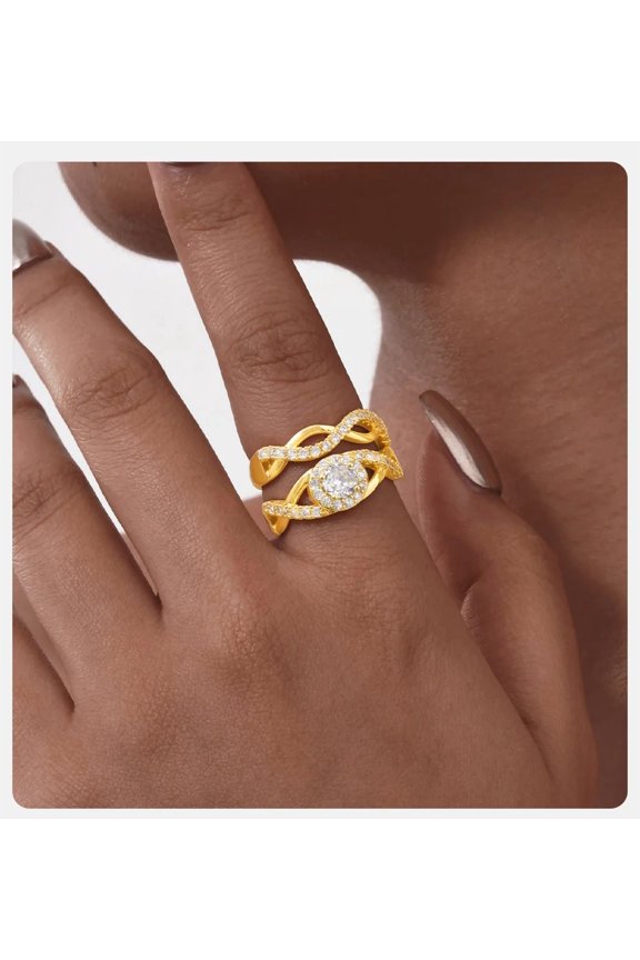 Lightweight 14K White Gold 2 Piece Rings Set,Cubic Zirconia Inlaid Circle Rings For Women,Female Jewelry Wedding