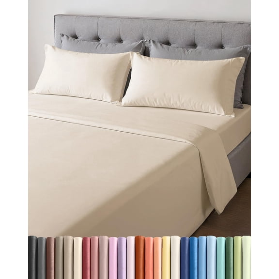 Lightweight 4 Piece Bed Sheet Set Full Size - Cooling Sheets for Hot Sleepers Soft Breathable Bedding w/ 8-16 Inch Deep Pockets 1 Ft & Fitted 2 Pillowcases Wrinkle Resistant Wheat