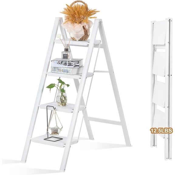 Lightweight 4 Step Closet Step Ladder Designed Specifically for Women Folding Step Stool Ladder for Home, Kitchen Plant Stand Adder 330 Lbs Capacity,White